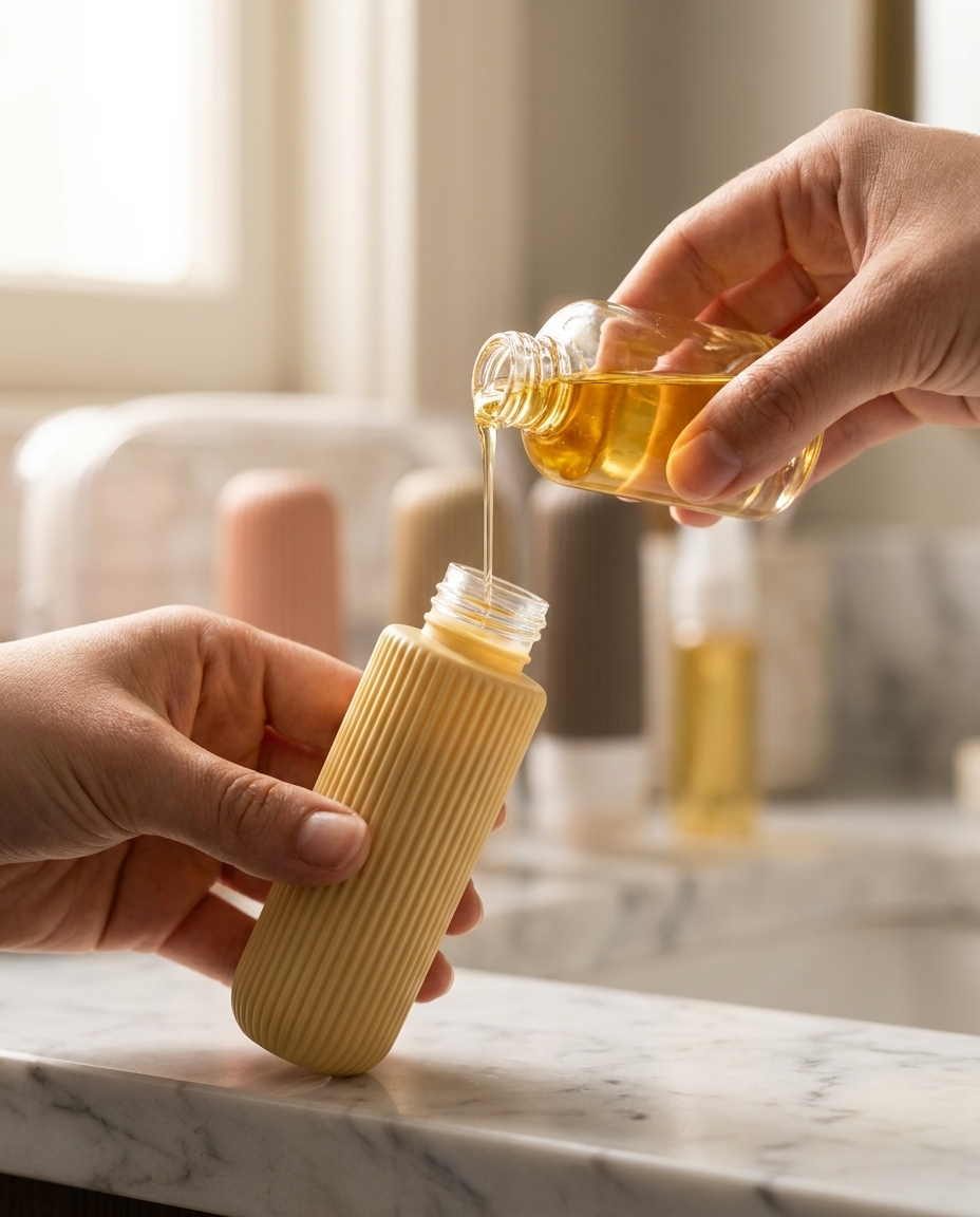 Hand pouring golden serum into an Aevvy refillable travel bottle on a marble bathroom counter